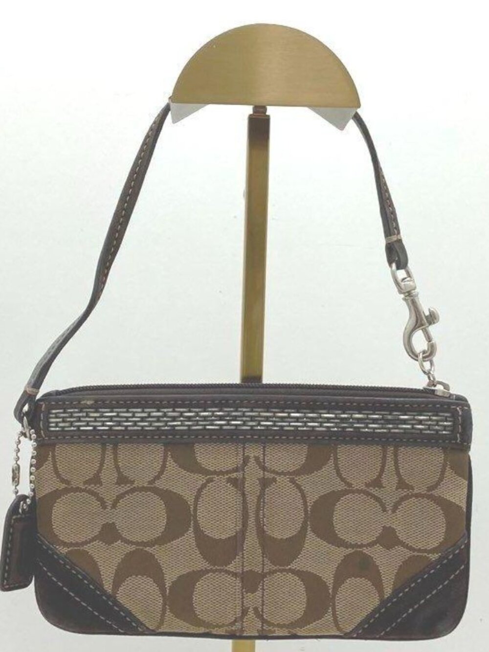 Authentic Coach Khaki Brown Signature Suede Beaded Wristlet